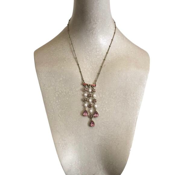 Betsey Johnson Pink Crystal Drop Necklace Faux Pearl Dangle with Extender Chain - Picture 2 of 11